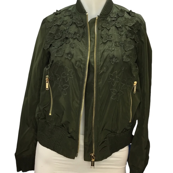 Michael Michael Kors Women's Olive Green Embroidered Flower Bomber Jacket XXS - Picture 3 of 12